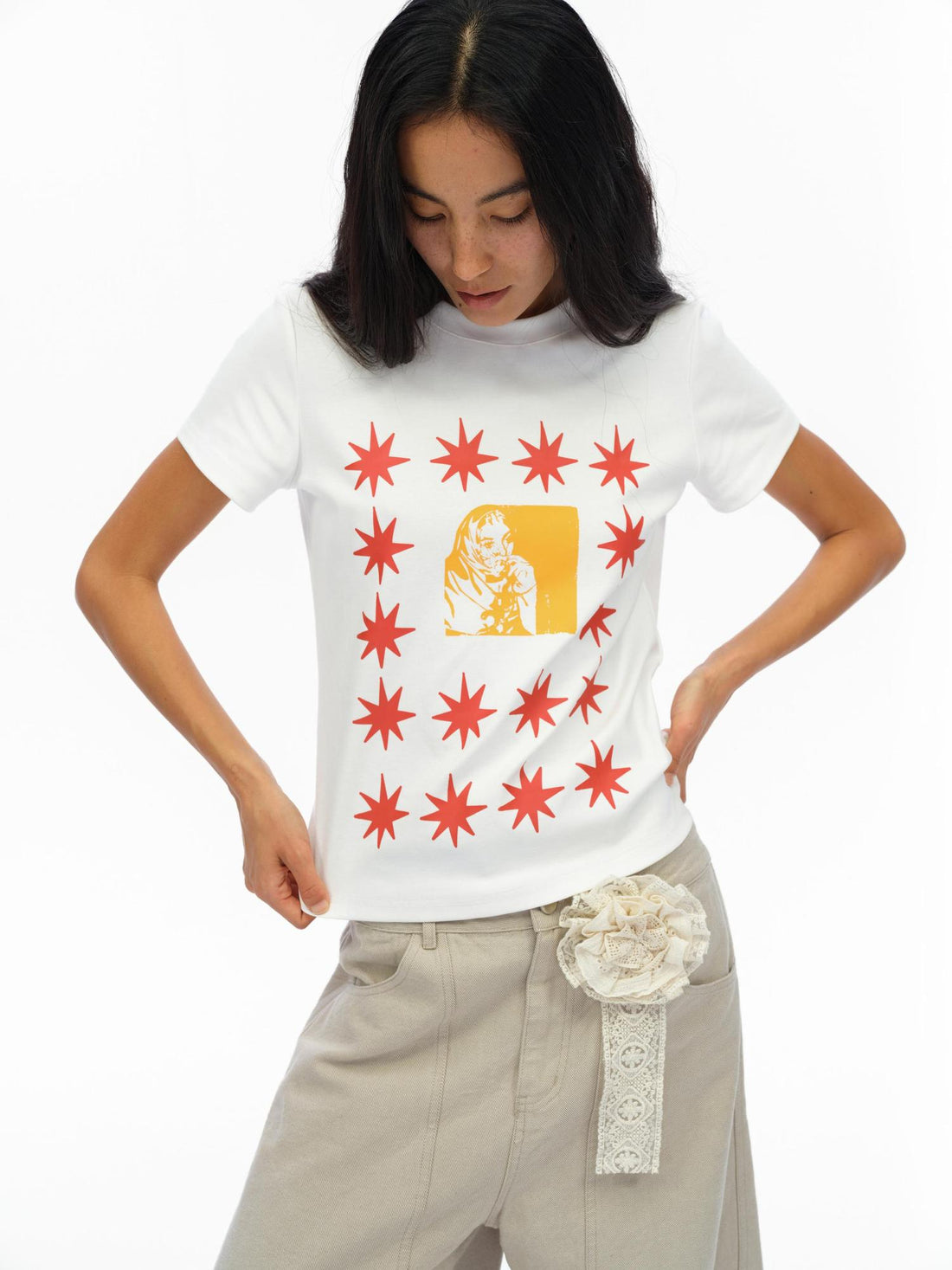 oinimi Pointelle Star Print Fitted Tee V-neck T-shirt Long Sleeve