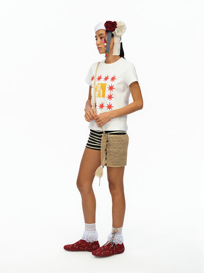 oinimi Pointelle Star Print Fitted Tee V-neck T-shirt Long Sleeve