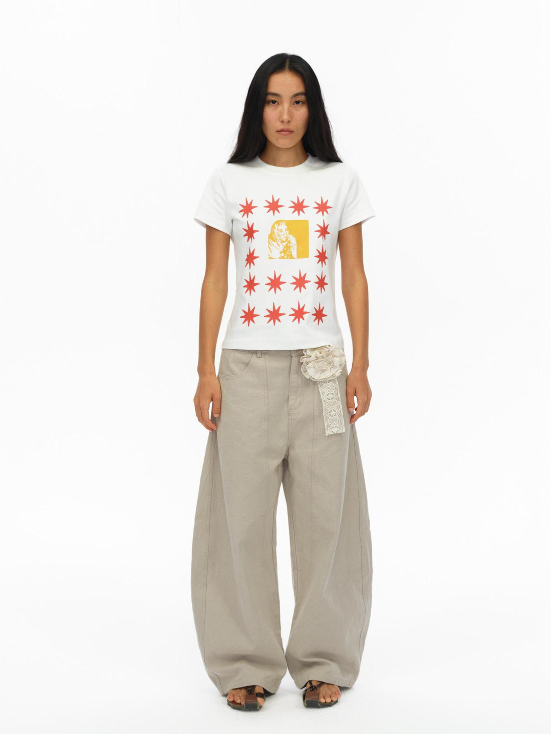 oinimi Pointelle Star Print Fitted Tee V-neck T-shirt Long Sleeve