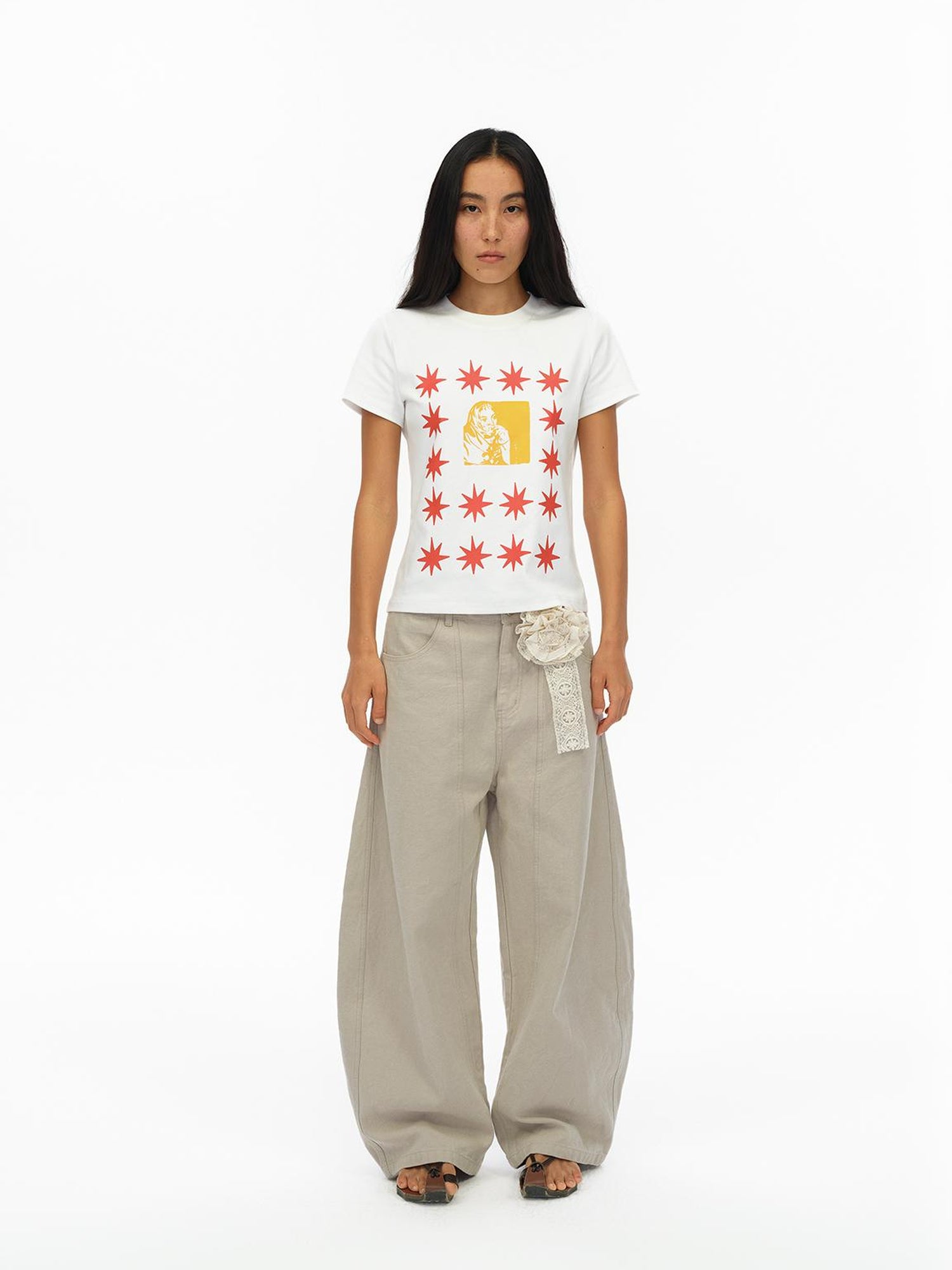 oinimi Pointelle Star Print Fitted Tee V-neck T-shirt Long Sleeve