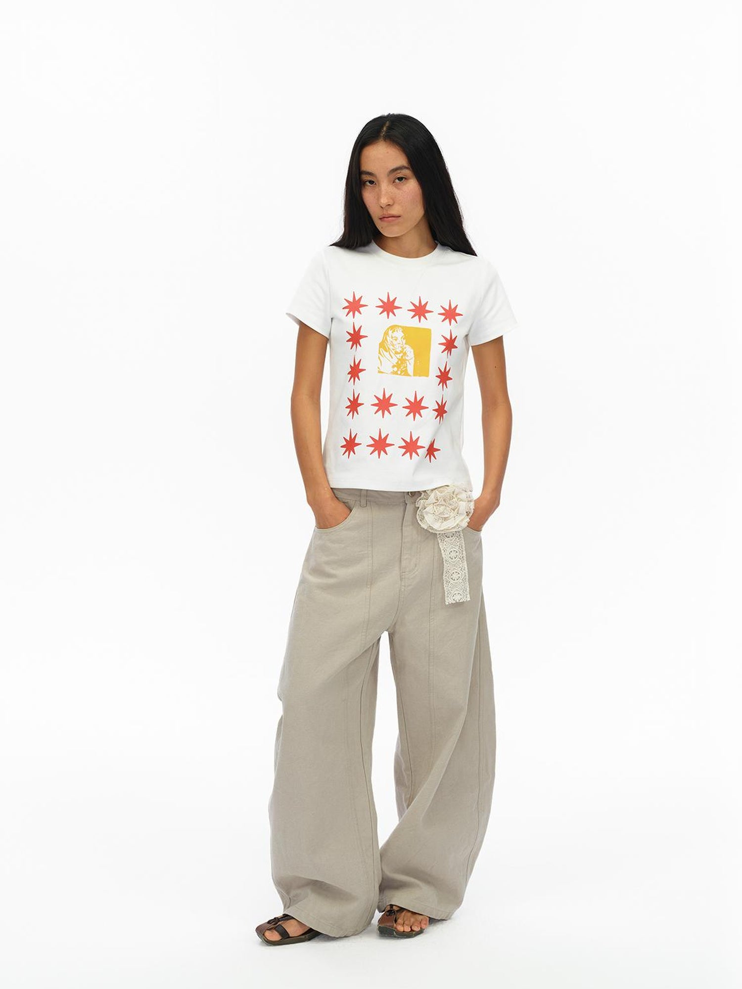 oinimi Pointelle Star Print Fitted Tee V-neck T-shirt Long Sleeve