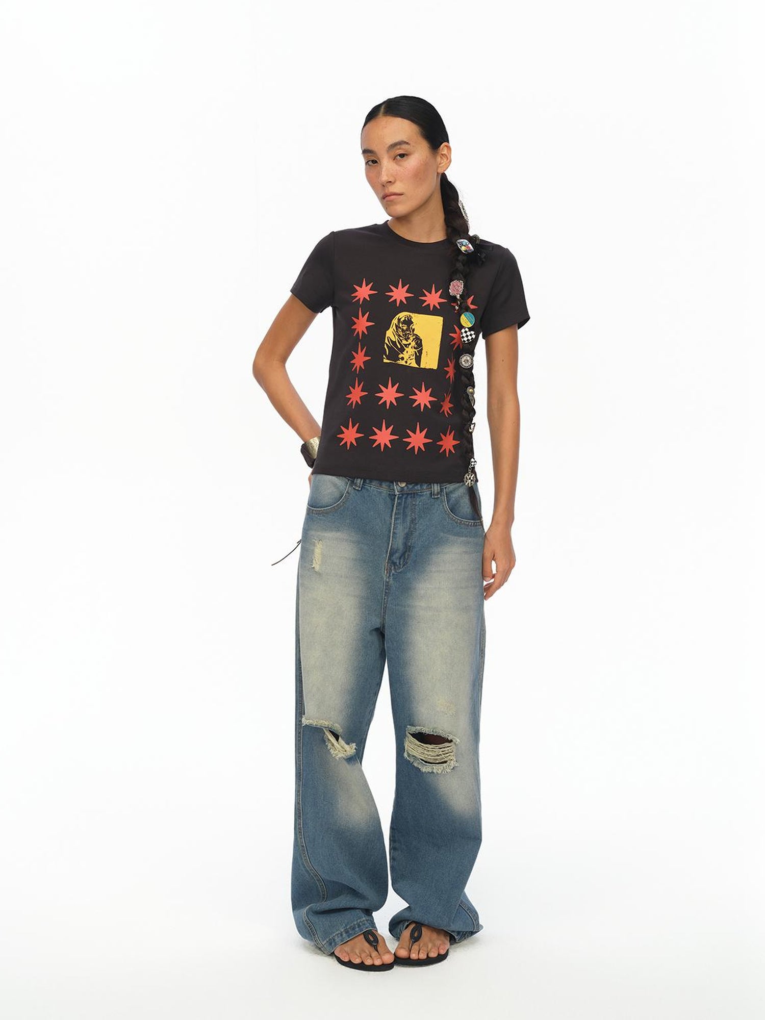 oinimi Pointelle Star Print Fitted Tee V-neck T-shirt Long Sleeve