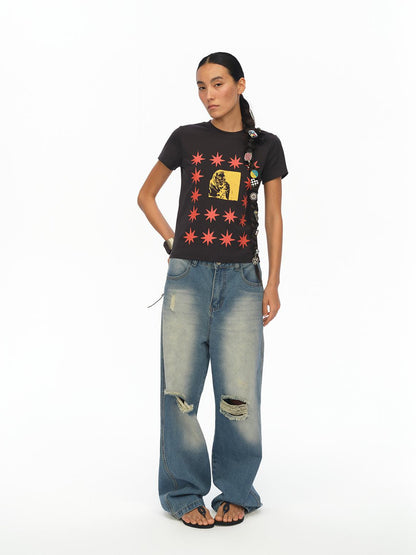 oinimi Pointelle Star Print Fitted Tee V-neck T-shirt Long Sleeve