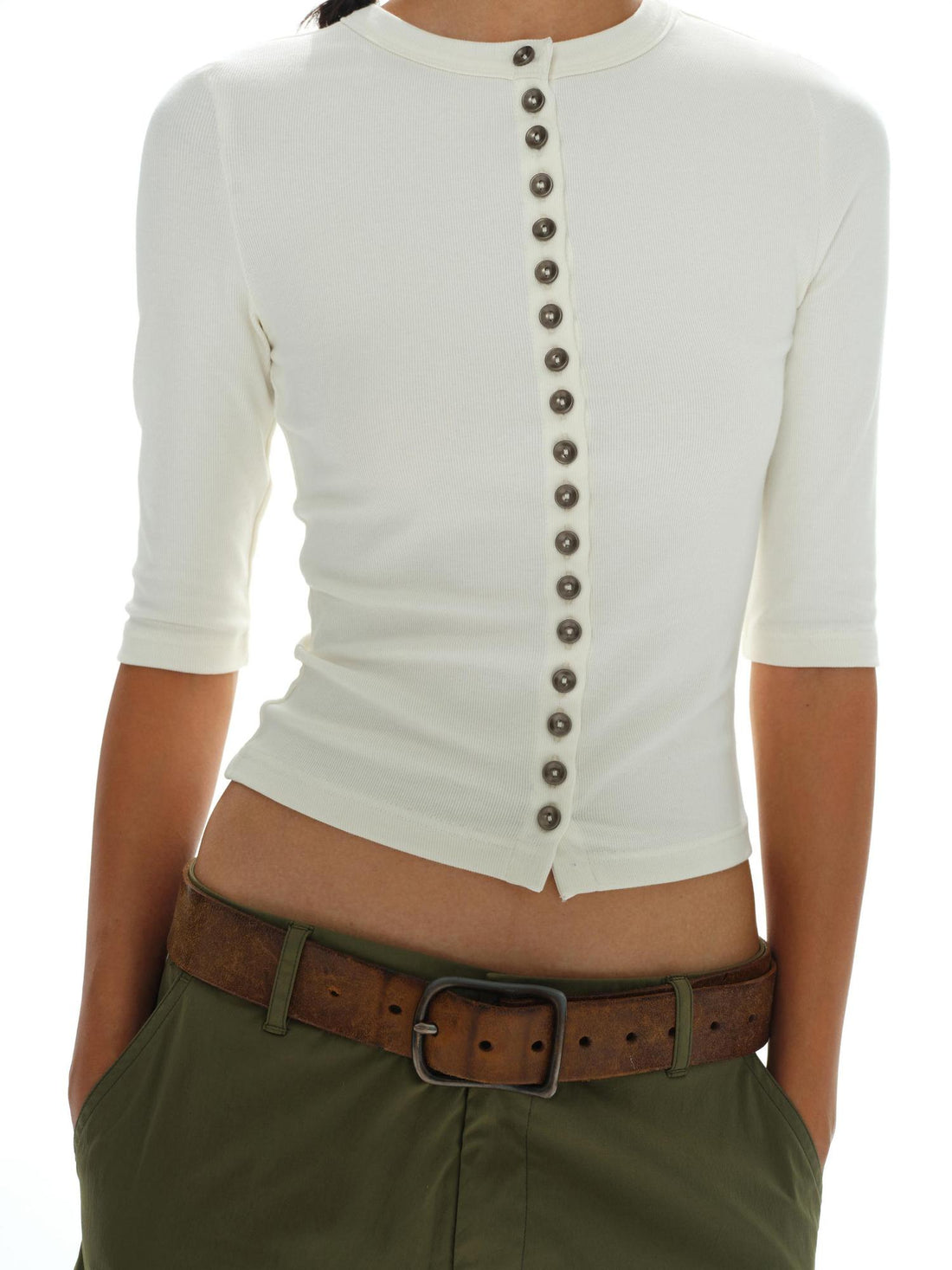 oinimi Rayon Cotton Spandex Slim Fit Tee Mid Sleeve Buttons Front