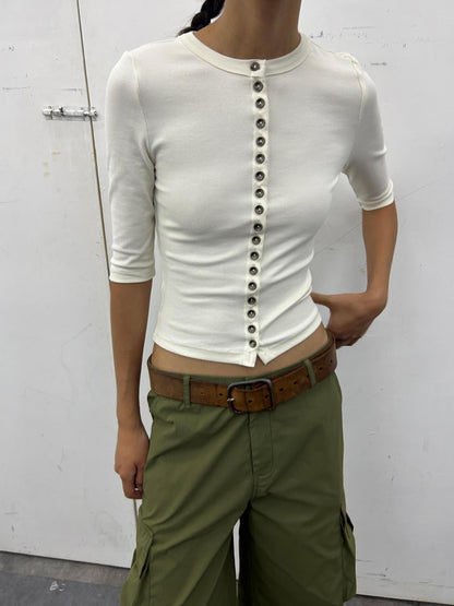 oinimi Rayon Cotton Spandex Slim Fit Tee Mid Sleeve Buttons Front