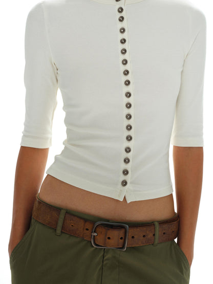 oinimi Rayon Cotton Spandex Slim Fit Tee Mid Sleeve Buttons Front