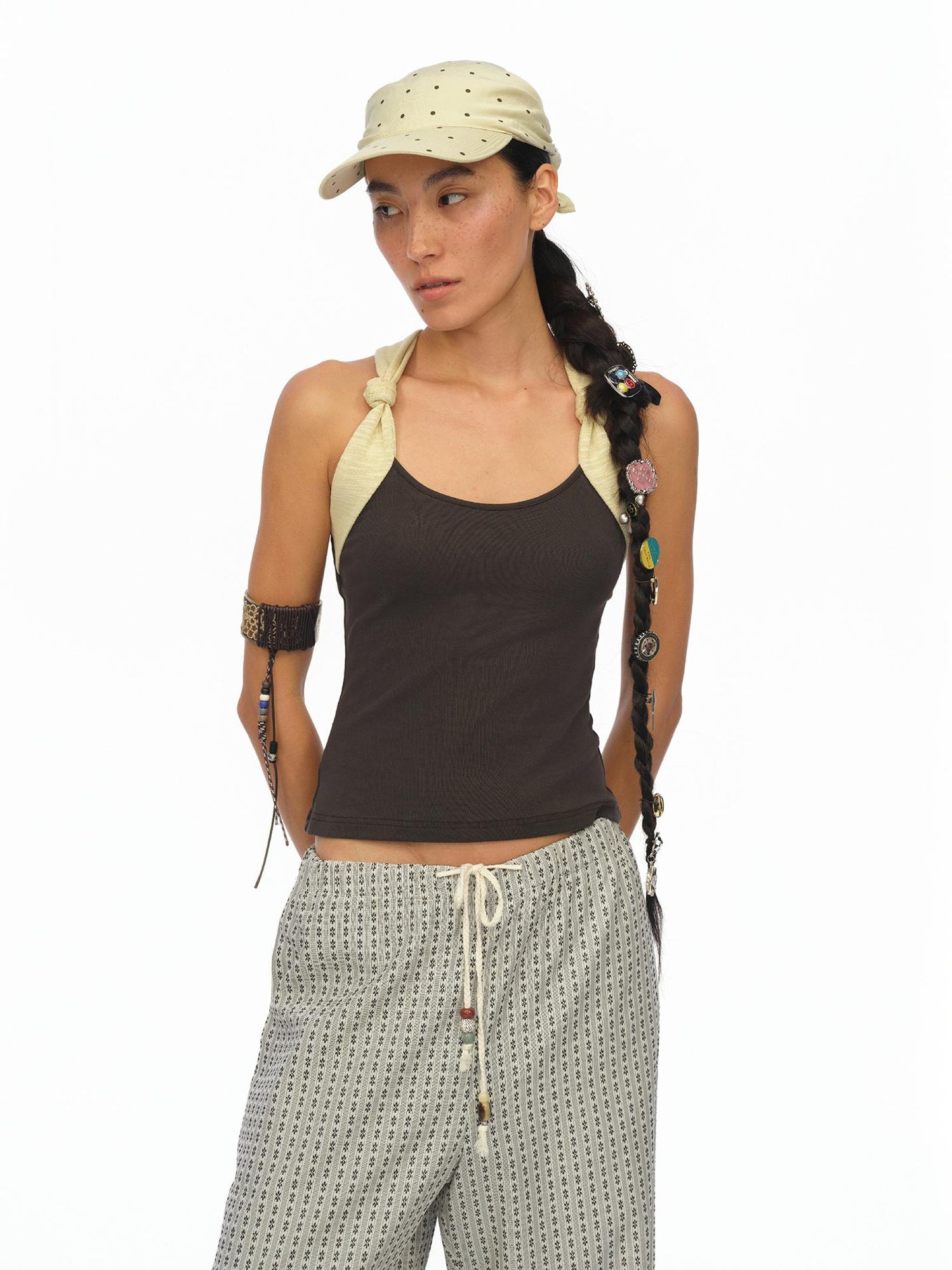 oinimi Rayon Twill Adjustable Dot Print Triangle Scarf Sun Hat