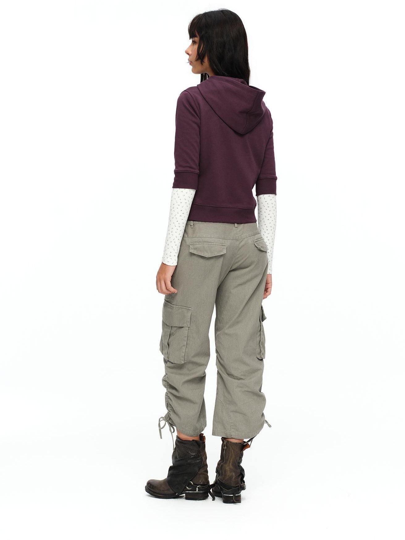 oinimi Retro Plum Cropped Mid Sleeve Hooded Slim Women&