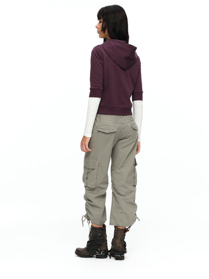 oinimi Retro Plum Cropped Mid Sleeve Hooded Slim Women&