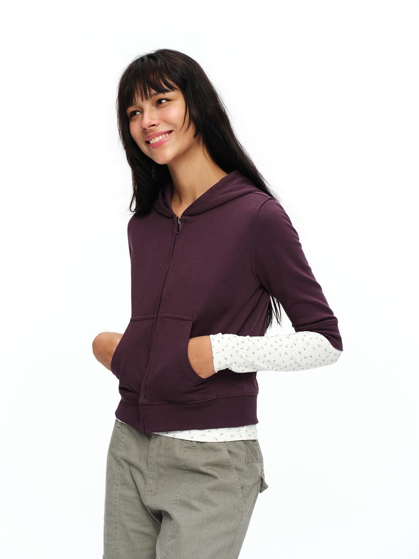 oinimi Retro Plum Cropped Mid Sleeve Hooded Slim Women&