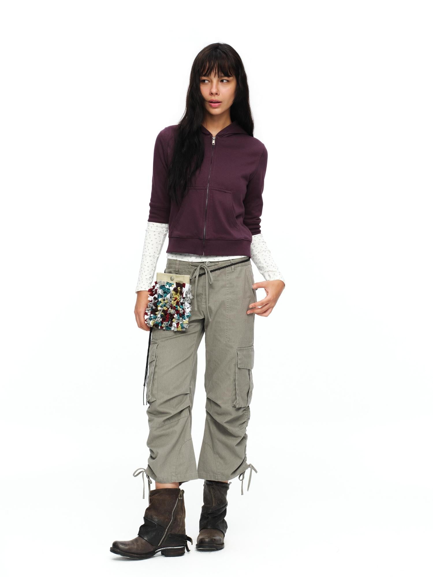 oinimi Retro Plum Cropped Mid Sleeve Hooded Slim Women&