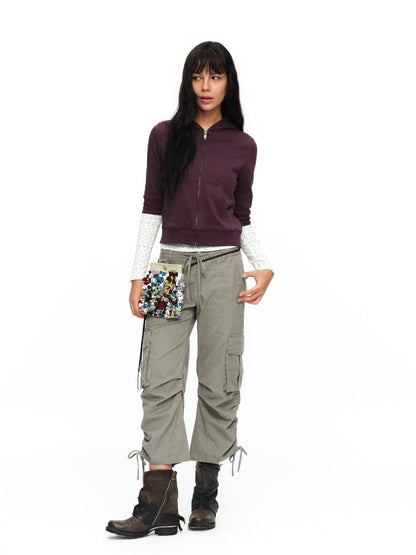 oinimi Retro Plum Cropped Mid Sleeve Hooded Slim Women&