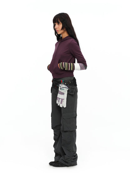 oinimi Retro Plum Cropped Mid Sleeve Hooded Slim Women&