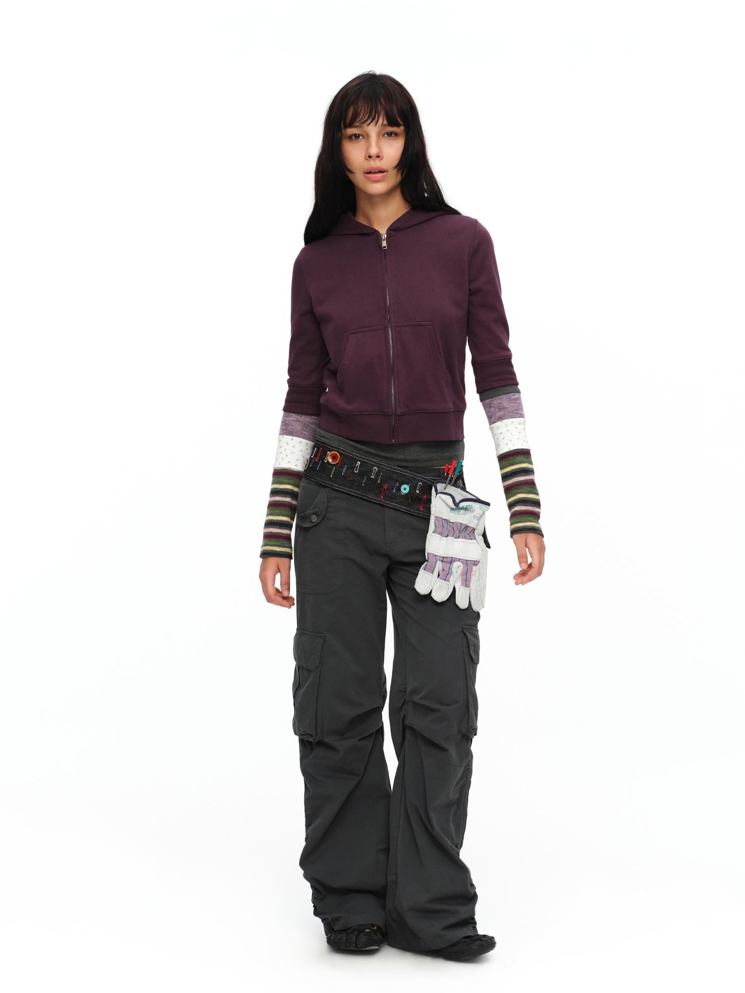 oinimi Retro Plum Cropped Mid Sleeve Hooded Slim Women&