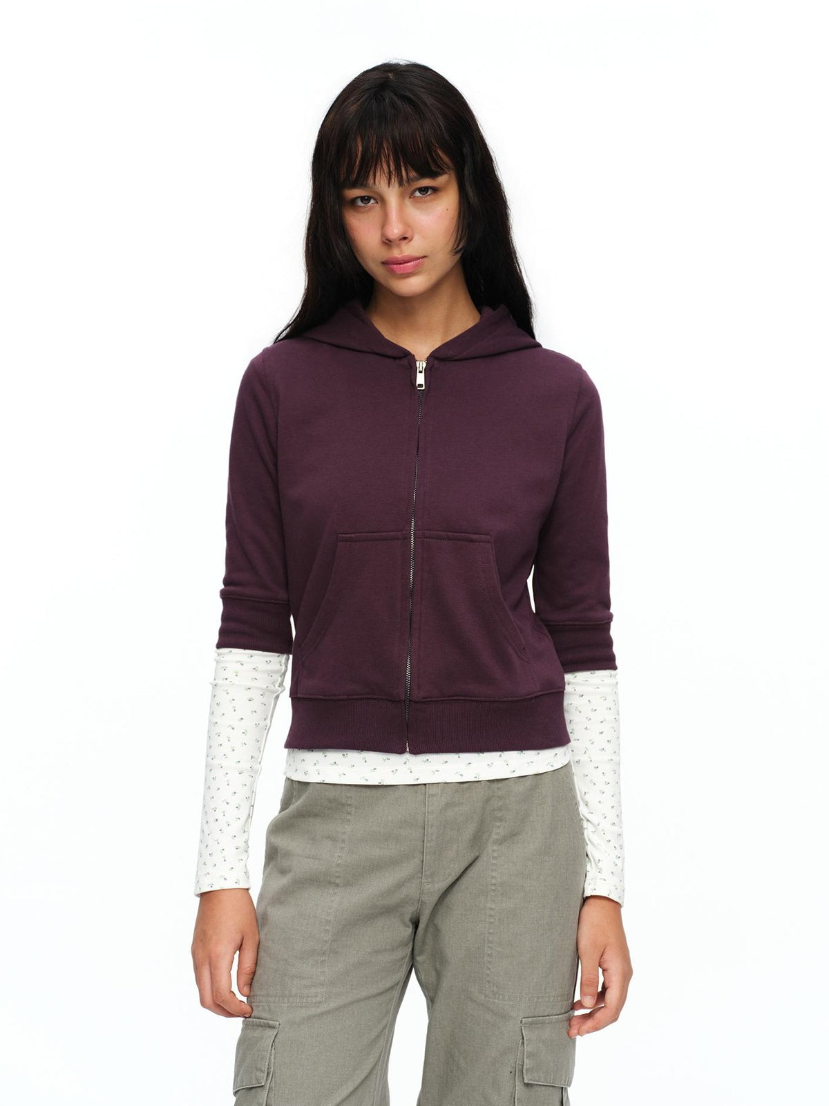 oinimi Retro Plum Cropped Mid Sleeve Hooded Slim Women&