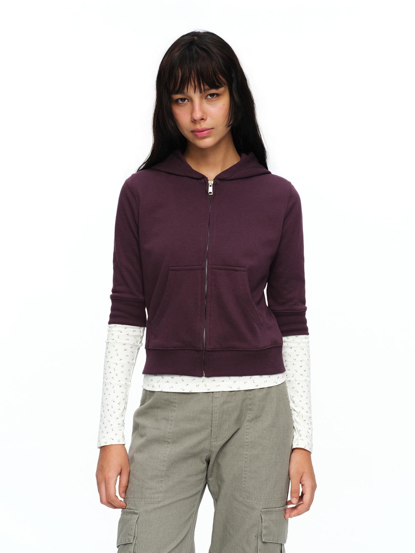 oinimi Retro Plum Cropped Mid Sleeve Hooded Slim Women&