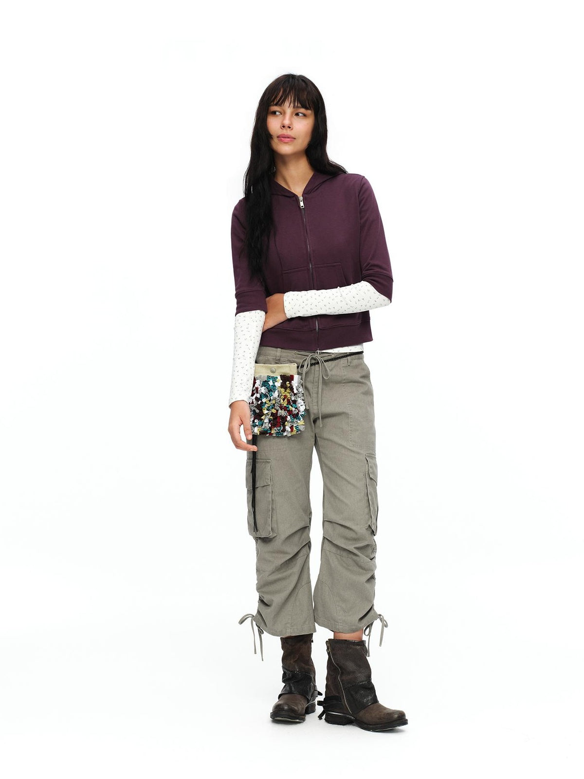 oinimi Retro Plum Cropped Mid Sleeve Hooded Slim Women&