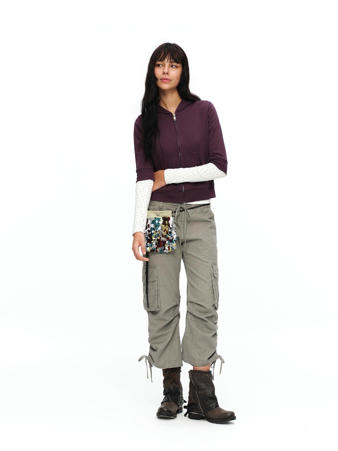 oinimi Retro Plum Cropped Mid Sleeve Hooded Slim Women&