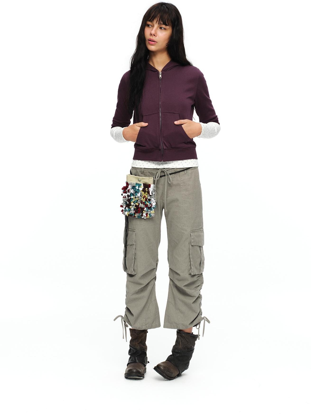oinimi Retro Plum Cropped Mid Sleeve Hooded Slim Women&