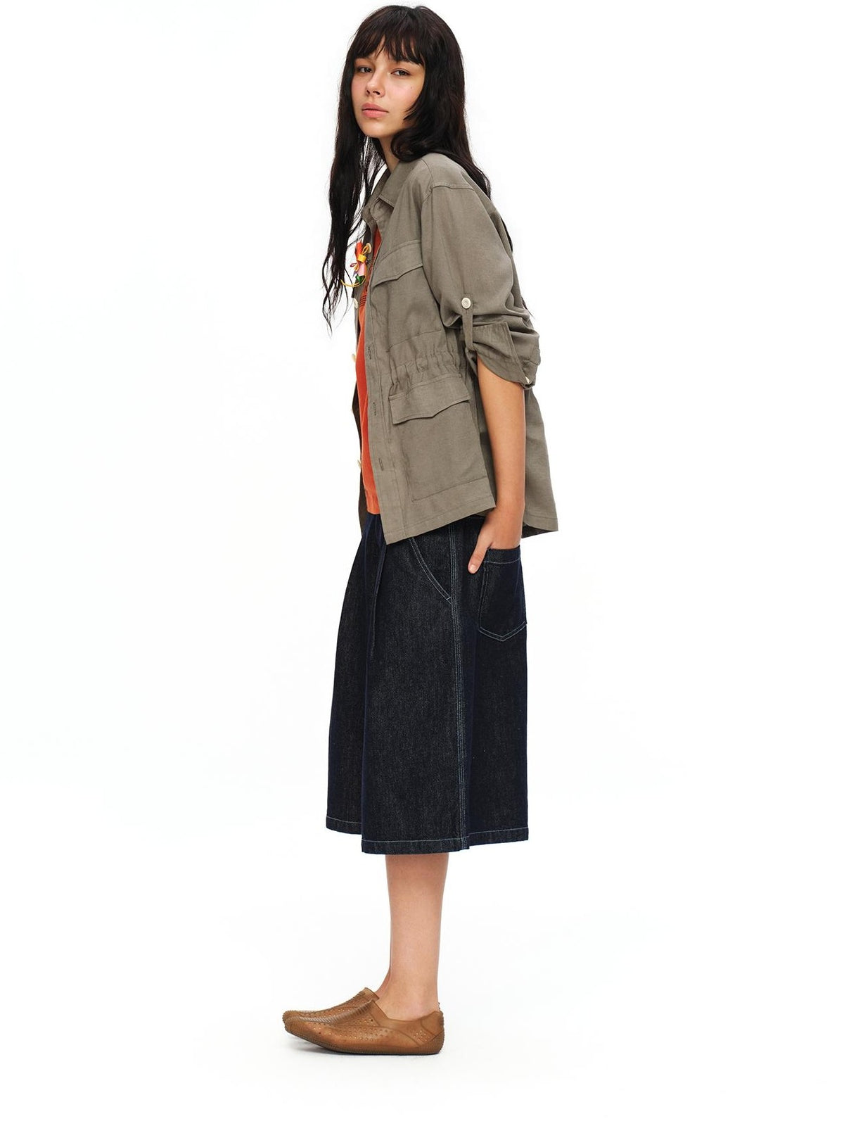 oinimi Rolled Sleeve Hunter Jacket Waist Cinch Women&