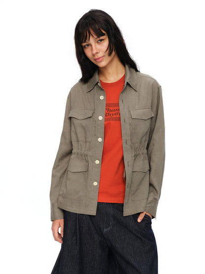 oinimi Rolled Sleeve Hunter Jacket Waist Cinch Women&