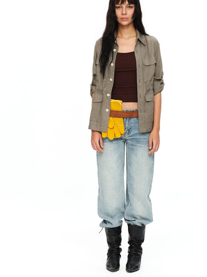 oinimi Rolled Sleeve Hunter Jacket Waist Cinch Women&