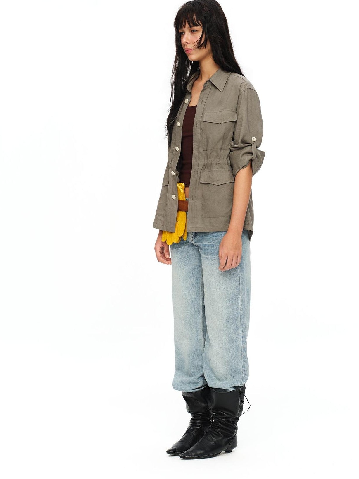 oinimi Rolled Sleeve Hunter Jacket Waist Cinch Women&