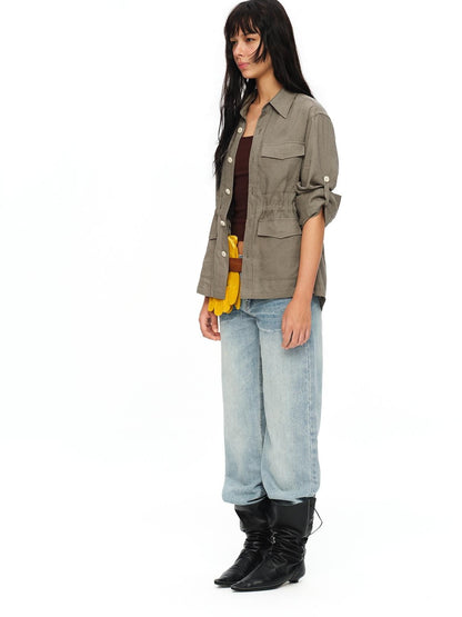 oinimi Rolled Sleeve Hunter Jacket Waist Cinch Women&