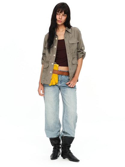 oinimi Rolled Sleeve Hunter Jacket Waist Cinch Women&