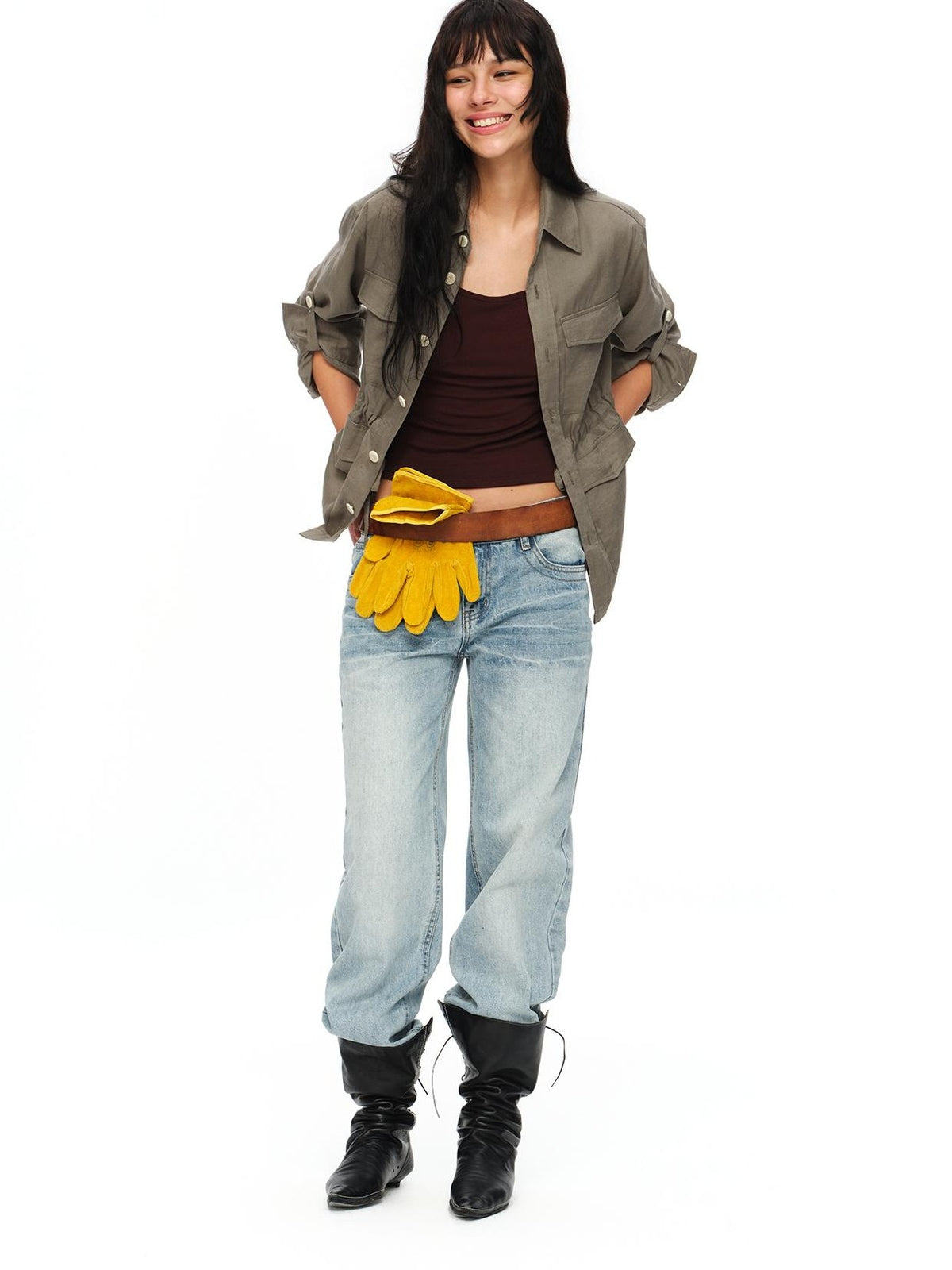 oinimi Rolled Sleeve Hunter Jacket Waist Cinch Women&