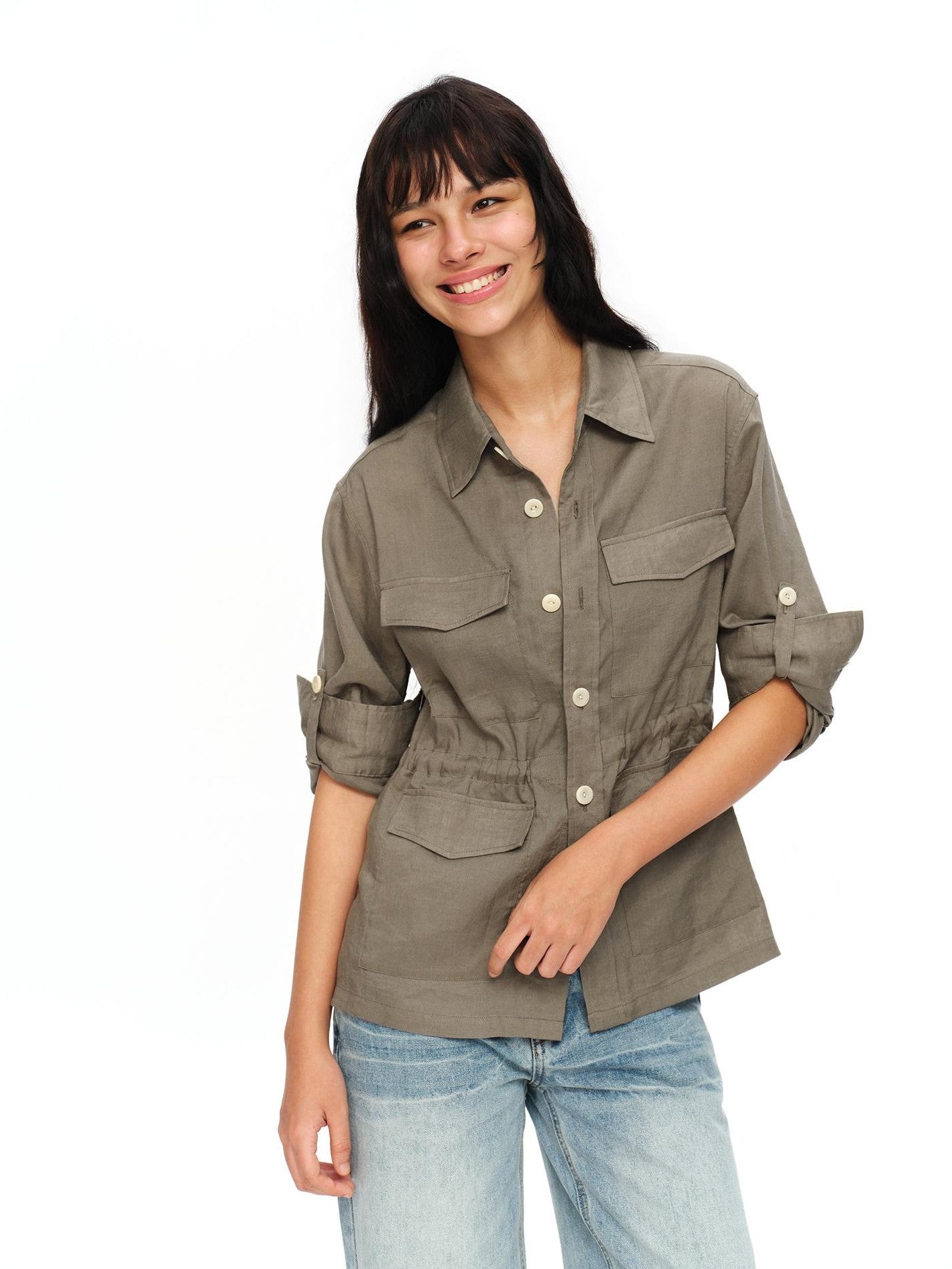 oinimi Rolled Sleeve Hunter Jacket Waist Cinch Women&