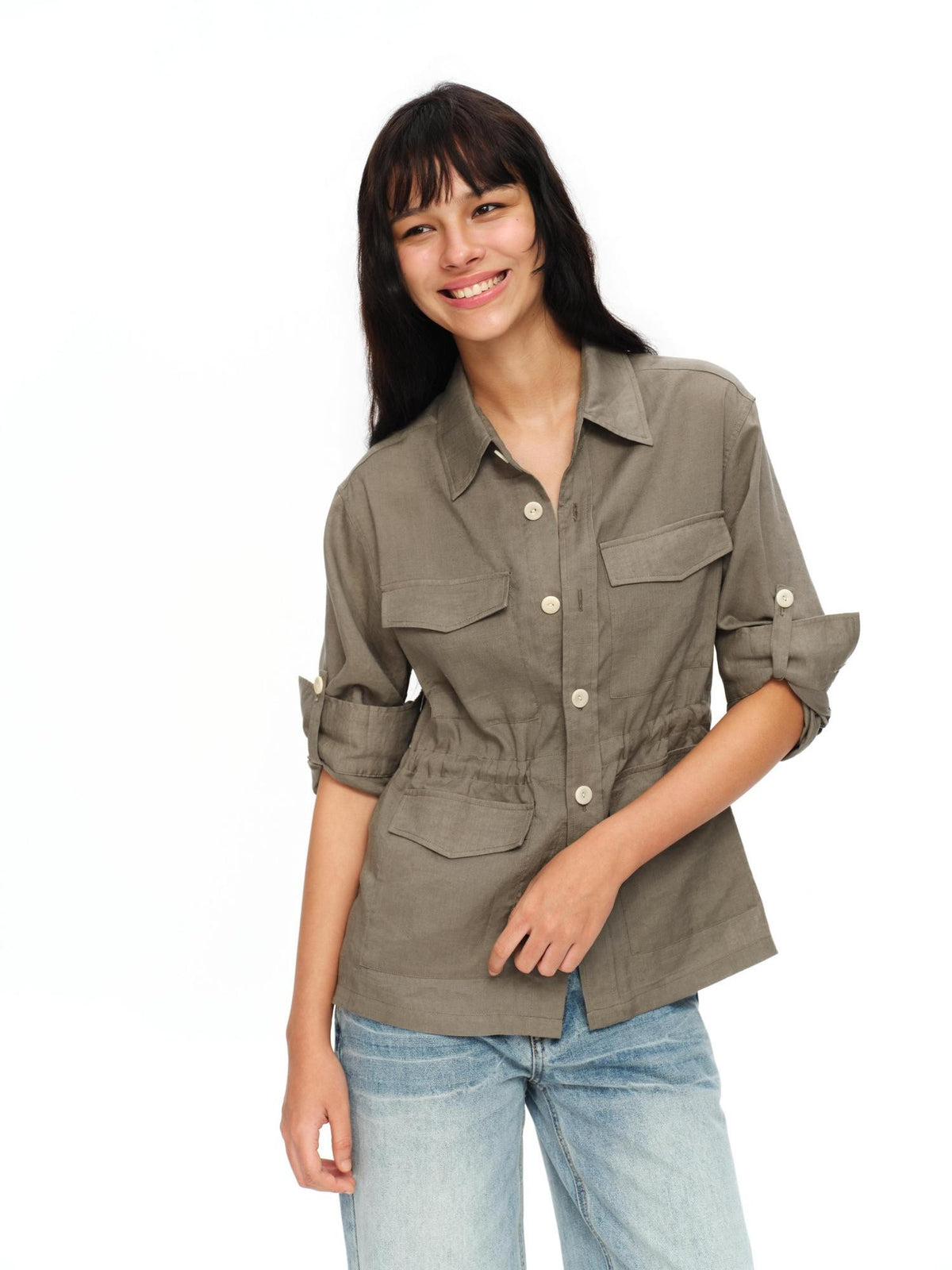 oinimi Rolled Sleeve Hunter Jacket Waist Cinch Women&
