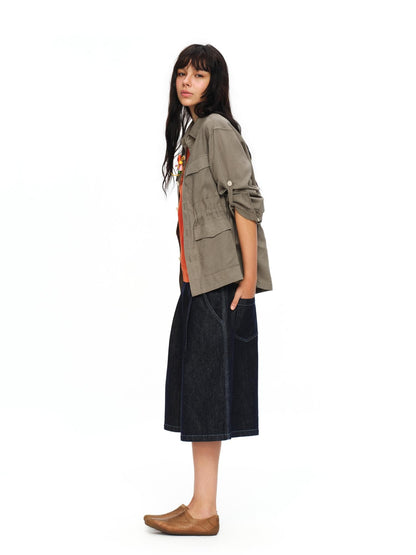 oinimi Rolled Sleeve Hunter Jacket Waist Cinch Women&
