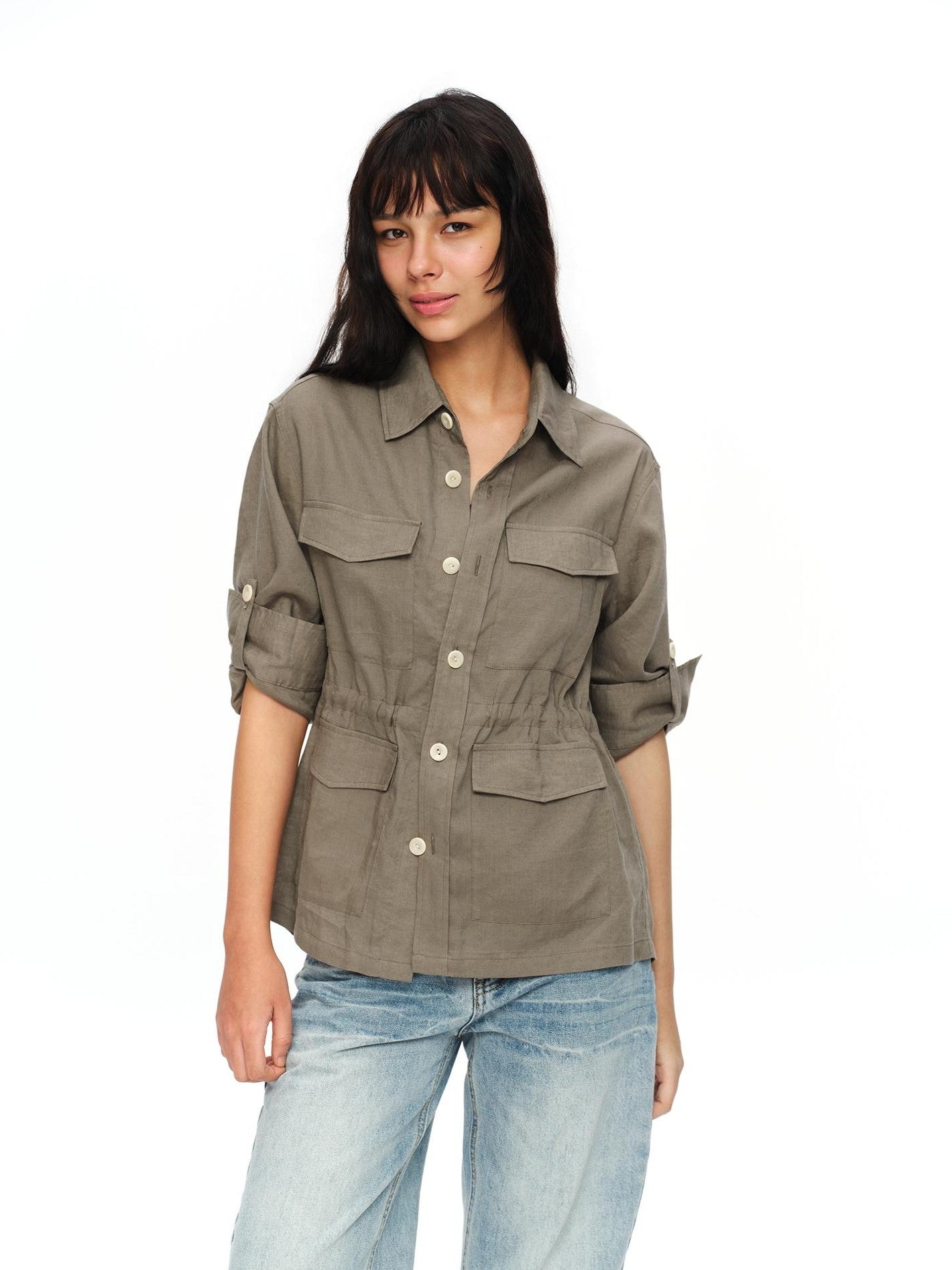 oinimi Rolled Sleeve Hunter Jacket Waist Cinch Women&