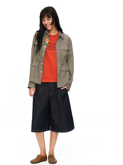 oinimi Rolled Sleeve Hunter Jacket Waist Cinch Women&