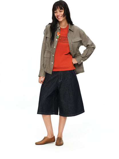 oinimi Rolled Sleeve Hunter Jacket Waist Cinch Women&