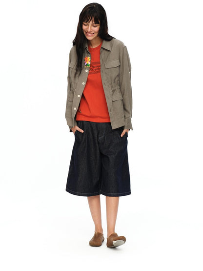 oinimi Rolled Sleeve Hunter Jacket Waist Cinch Women&