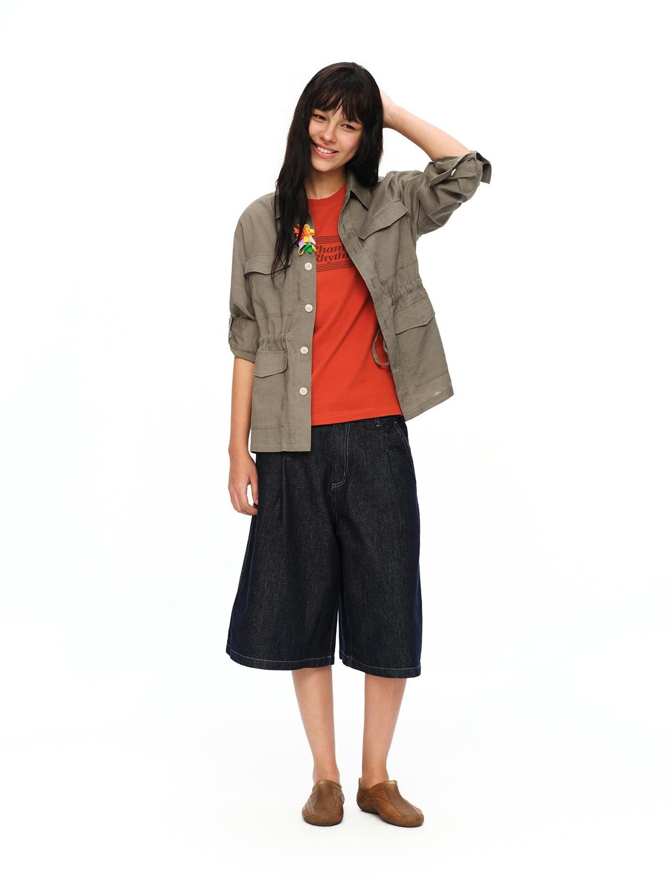 oinimi Rolled Sleeve Hunter Jacket Waist Cinch Women&