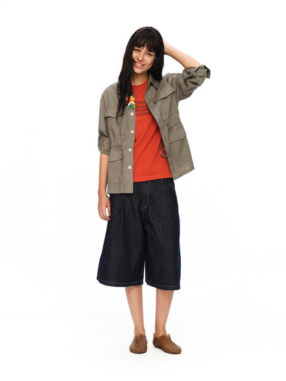 oinimi Rolled Sleeve Hunter Jacket Waist Cinch Women&