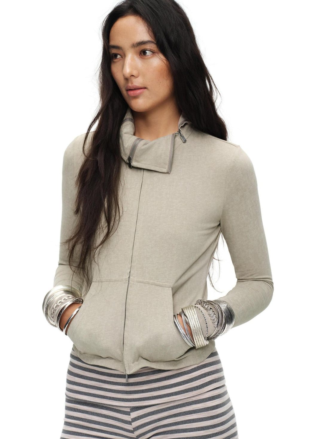 oinimi Sand Multi Zipper Stand Collar Slim Women&
