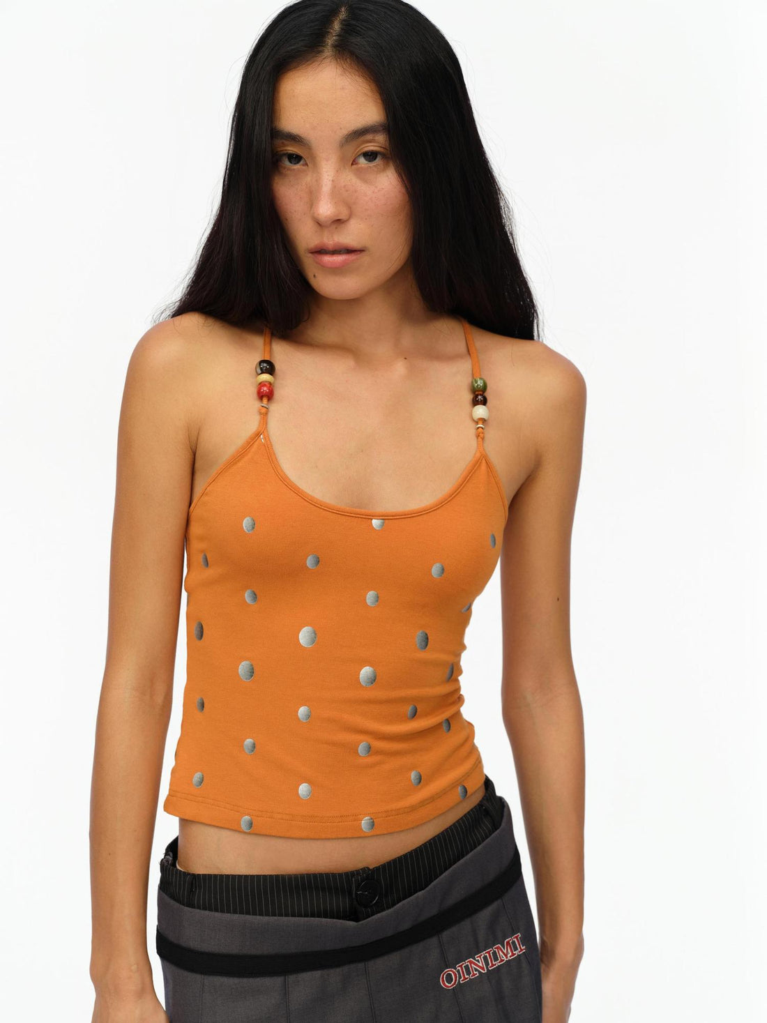 oinimi Silver Gradient Dot Orange Beaded Strappy Tank Top