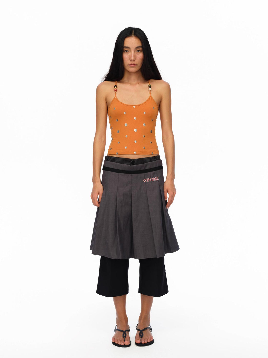 oinimi Silver Gradient Dot Orange Beaded Strappy Tank Top