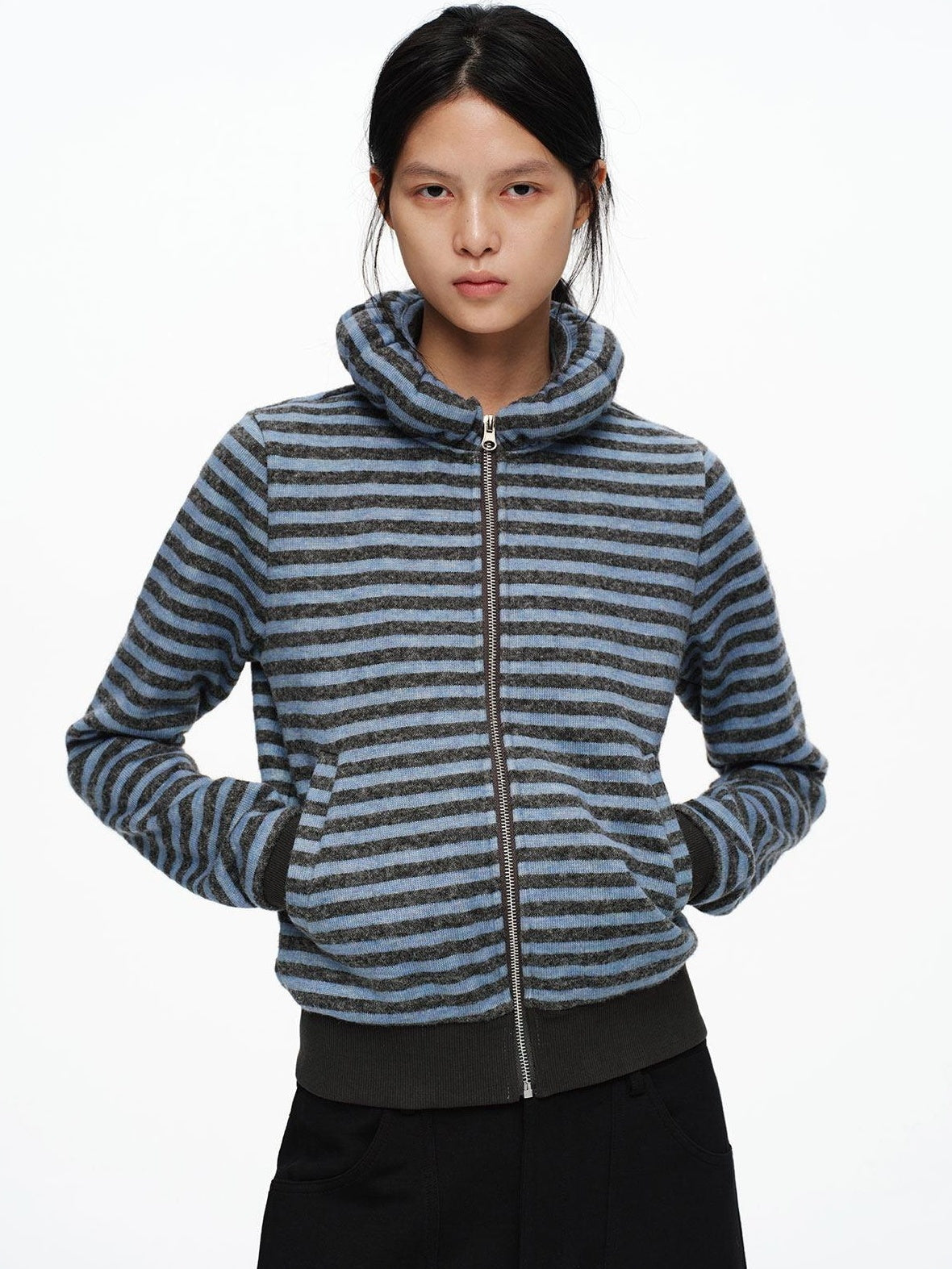 oinimi Slim Striped Zip Hooded Cardigan Minimal Commuter Unisex Hoodies