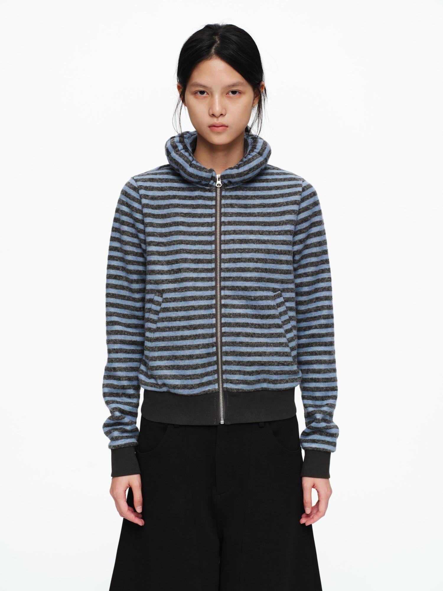 oinimi Slim Striped Zip Hooded Cardigan Minimal Commuter Unisex Hoodies