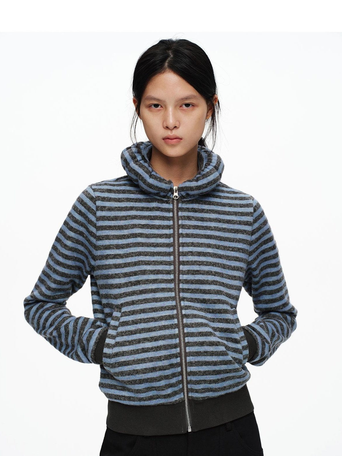 oinimi Slim Striped Zip Hooded Cardigan Minimal Commuter Unisex Hoodies