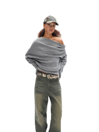 oinimi Soft Sculpted Draped Asymmetrical Knit Sweater