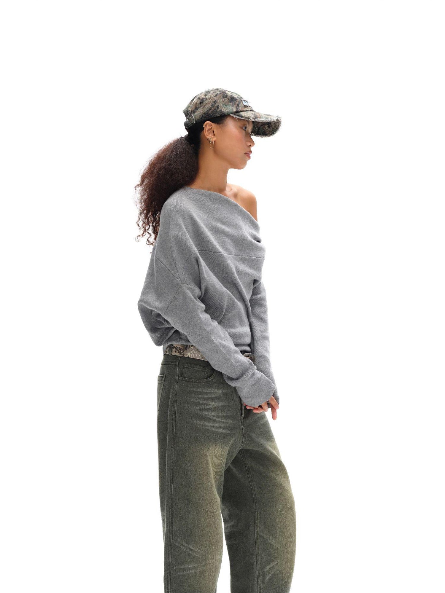 oinimi Soft Sculpted Draped Asymmetrical Knit Sweater