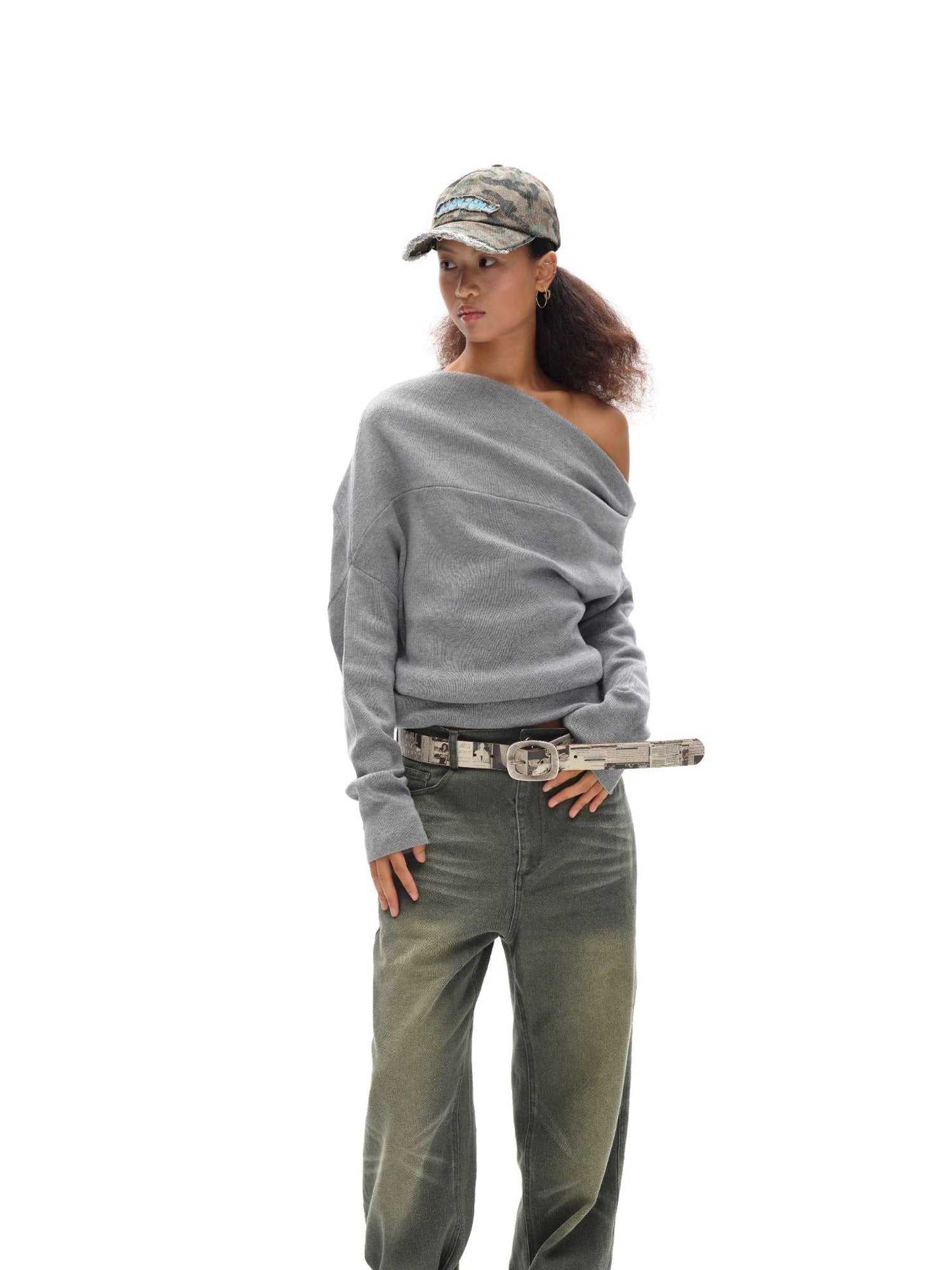 oinimi Soft Sculpted Draped Asymmetrical Knit Sweater