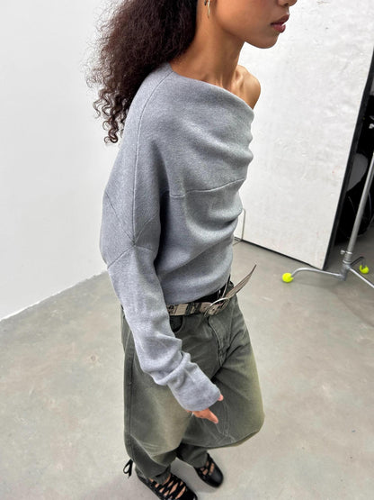 oinimi Soft Sculpted Draped Asymmetrical Knit Sweater