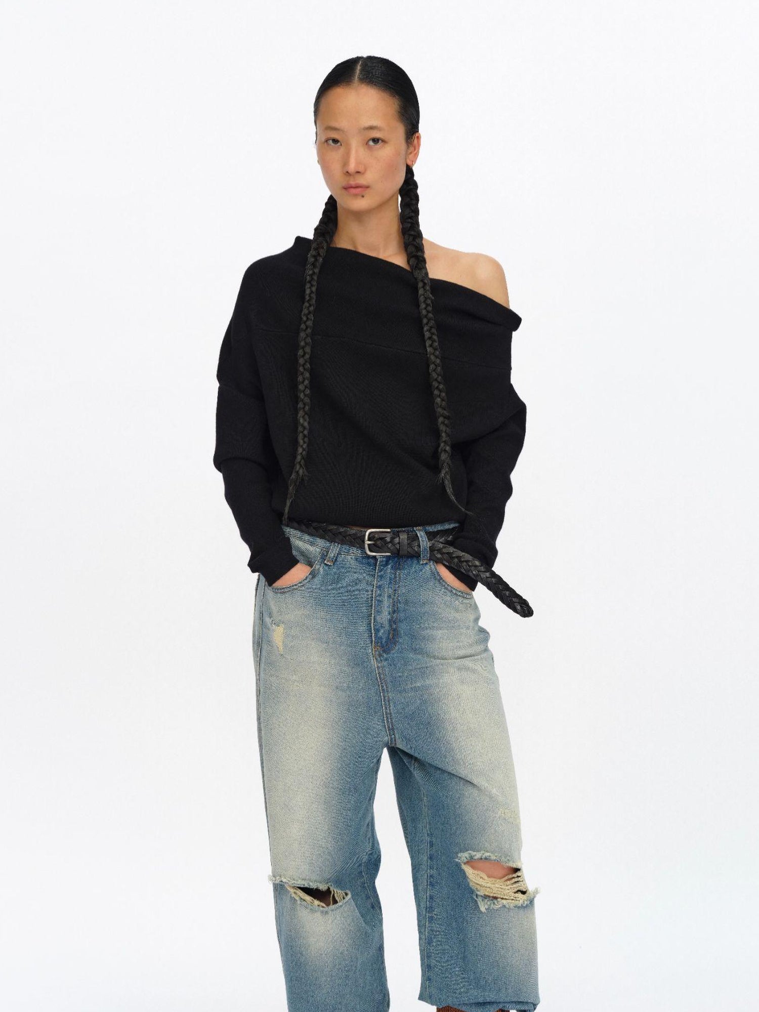 oinimi Soft Sculpted Draped Asymmetrical Knit Sweater